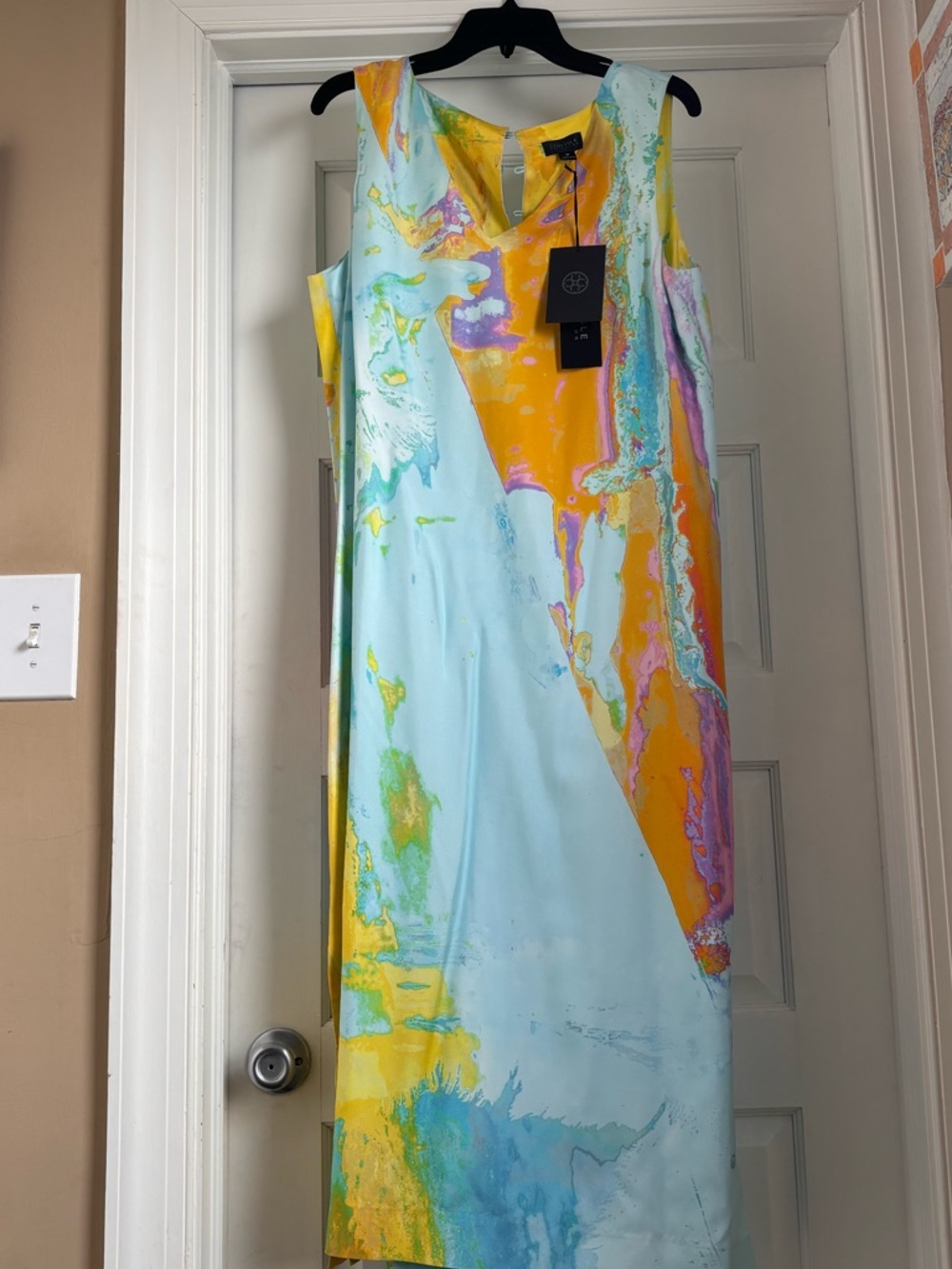 Carlisle Sleeveless Midi Dress in Pale Blue, Yellow & Lavender Marble Print